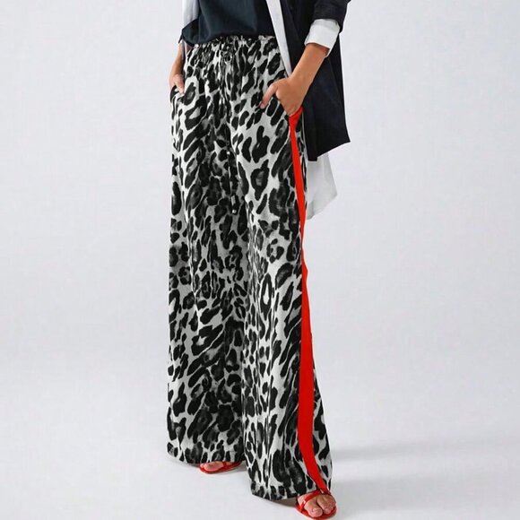 Grey Casual Women's Leopard Print Color Block Patchwork Loose Pants - Picture 1 of 5